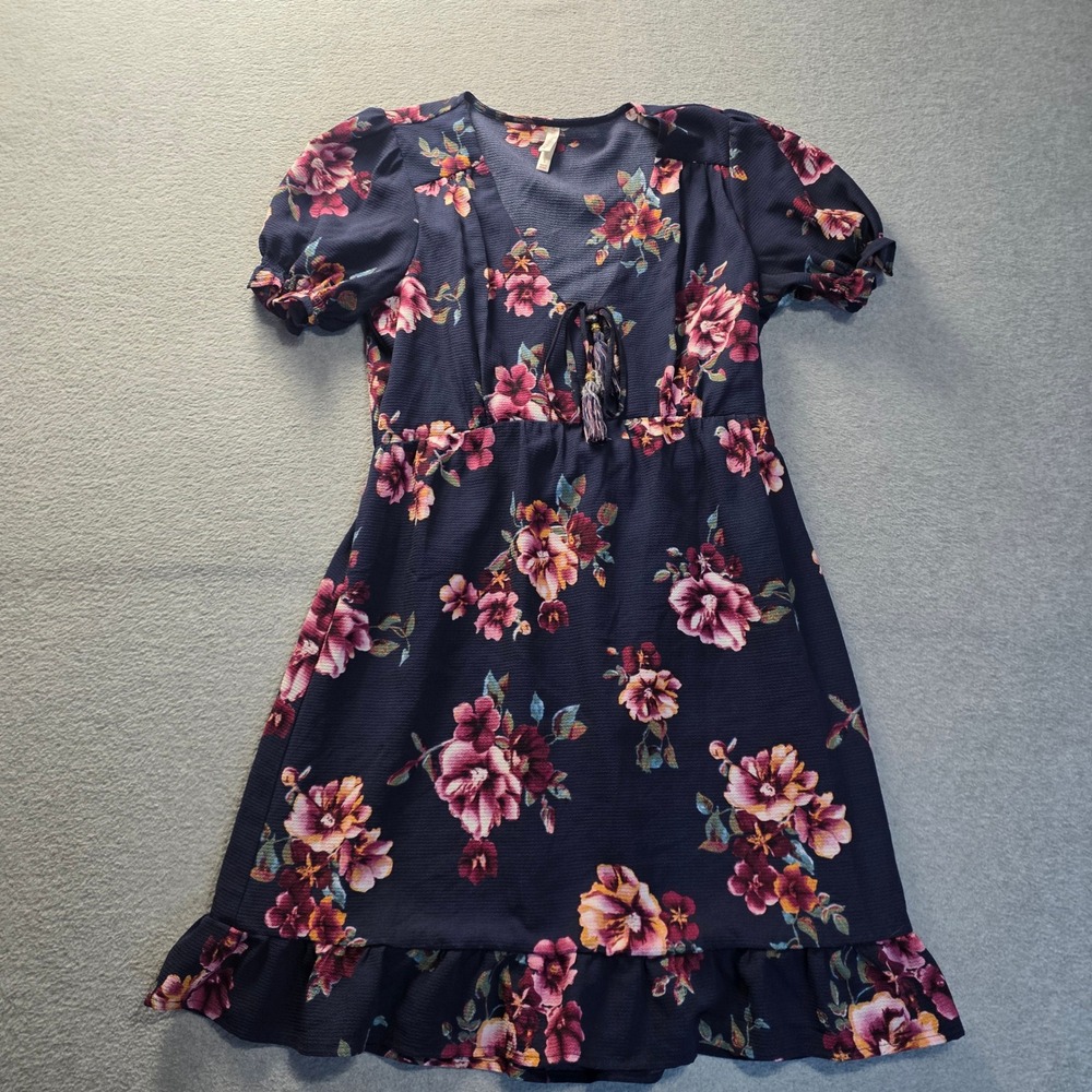 Xhilaration  Floral Babydoll Mini Dress Womens S Navy Puff Sleeve Ruffle Y2K